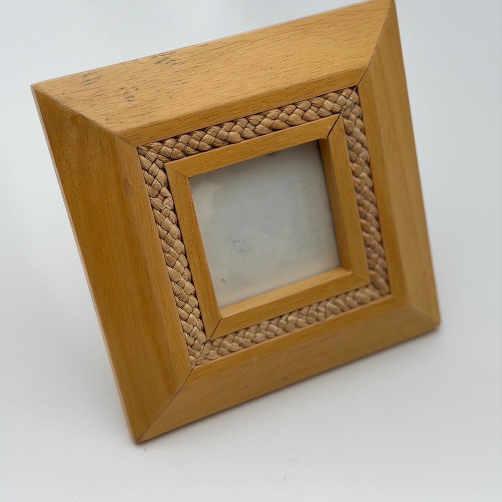 Vintage Square Wood Picture Frame with Woven Raffia Inlay Border Coastal Boho